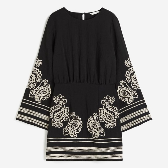 H&M Dresses Hm Embroidered Dress Blackcream Embroidery Big Sleeves